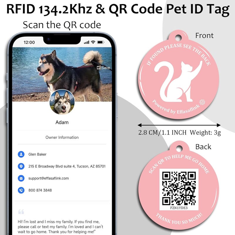 Effasaflink RFID 134.2Khz & QR Code Pet ID Tag, Collar Tag, Dual Function - Scan QR for Helping Lost Pets Go Home, Replace RFID Microchip for Smart Auto Pet Door and Feeder (Pink-Cat) - Image 2